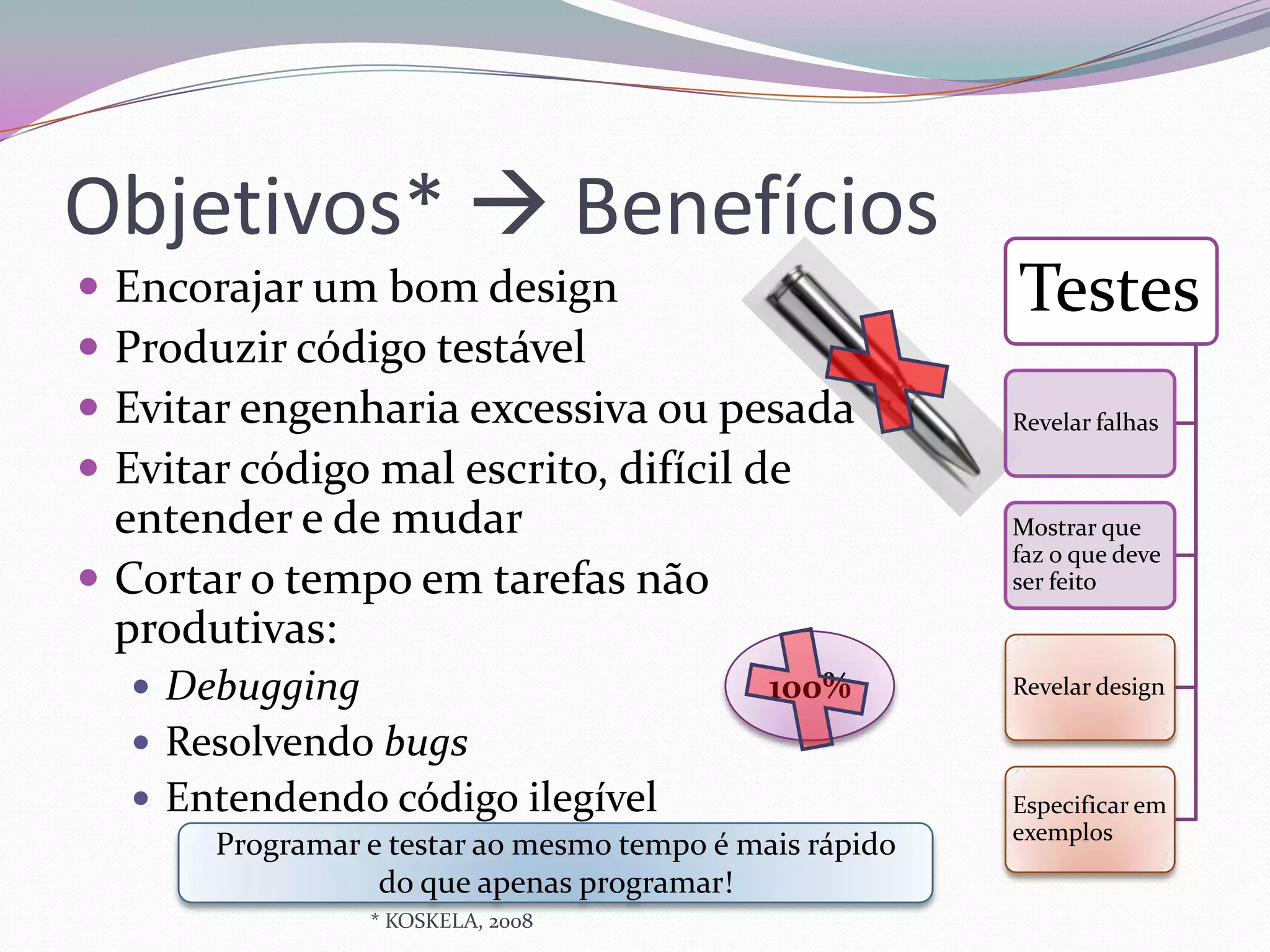 Objetivos*  Benefícios
 Encorajar um bom design                                 Testes
 Produzir código testável
 Evitar engenharia excessiva ou pesada                   Revelar falhas

 Evitar código mal escrito, difícil de
  entender e de mudar                                     Mostrar que
                                                          faz o que deve
 Cortar o tempo em tarefas não                           ser feito

  produtivas:
     Debugging                               100%        Revelar design

     Resolvendo bugs
     Entendendo código ilegível                          Especificar em
                                                          exemplos
        Programar e testar ao mesmo tempo é mais rápido
                   do que apenas programar!
                  * KOSKELA, 2008
 