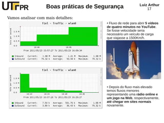 Luiz Arthur
                   Boas práticas de Segurança                   17

Vamos analisar com mais detalhes:
                                       ●Fluxo de rede para abrir 5 vídeos
                                       de quatro minutos no YouTube.
                                       Se fosse velocidade seria
                                       necessário um veículo de carga
                                       que viajasse a 1500Km/h.




                                       ● Depois do fluxo mais elevado
                                       temos fluxos menores
                                       representando uma rádio online e
                                       um jogo na Web, respectivamente,
                                       até chegar em sites normais
                                       novamente.
 