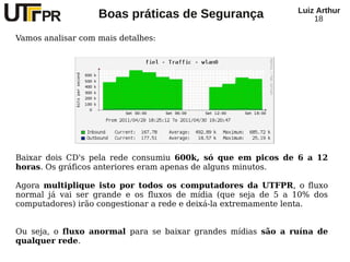 Luiz Arthur
                   Boas práticas de Segurança                      18

Vamos analisar com mais detalhes:




Baixar dois CD's pela rede consumiu 600k, só que em picos de 6 a 12
horas. Os gráficos anteriores eram apenas de alguns minutos.

Agora multiplique isto por todos os computadores da UTFPR, o fluxo
normal já vai ser grande e os fluxos de mídia (que seja de 5 a 10% dos
computadores) irão congestionar a rede e deixá-la extremamente lenta.


Ou seja, o fluxo anormal para se baixar grandes mídias são a ruína de
qualquer rede.
 
