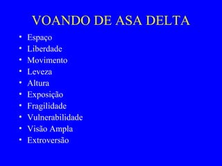 VOANDO DE ASA DELTA
• Espaço
• Liberdade
• Movimento
• Leveza
• Altura
• Exposição
• Fragilidade
• Vulnerabilidade
• Visão Ampla
• Extroversão
 
