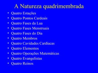 A Natureza quadrimembrada
• Quatro Estações
• Quatro Pontos Cardeais
• Quatro Fases da Lua
• Quatro Fases Menstruais
• Quatro Fases do Dia
• Quatro Membros
• Quatro Cavidades Cardíacas
• Quatro Elementos
• Quatro Operações Matemáticas
• Quatro Evangelistas
• Quatro Reinos
 