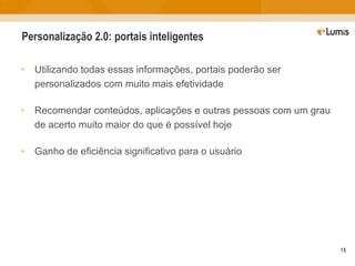 Personalização 2.0: portais inteligentes Utilizando todas essas informações, portais poderão ser personalizados com muito mais efetividade Recomendar conteúdos, aplicações e outras pessoas com um grau de acerto muito maior do que é possível hoje Ganho de eficiência significativo para o usuário 
