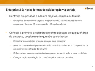 Enterprise 2.0: Novas formas de colaboração via portais Centrada em pessoas e não em projetos, equipes ou tarefas Enterprise 2.0 tem como objetivo integrar os 5000 colaboradores de uma empresa e não criar 50 empresas de 100 colaboradores Conecta e promove a colaboração entre pessoas de qualquer área da empresa, possivelmente que não se conhecem  Encontrar especialistas em uma assunto para colaborar Atuar na criação de artigos ou outros documentos colaborando com pessoas de áreas diferentes através de um wiki Colaborar em torno do conteúdo da empresa, somando valor a esse conteúdo Categorização e avaliação de conteúdo pelos próprios usuários 