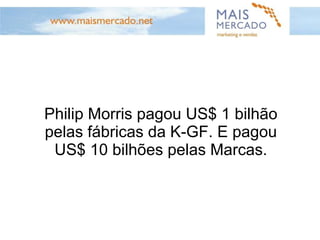Philip Morris pagou US$ 1 bilhão pelas fábricas da K-GF. E pagou US$ 10 bilhões pelas Marcas. 