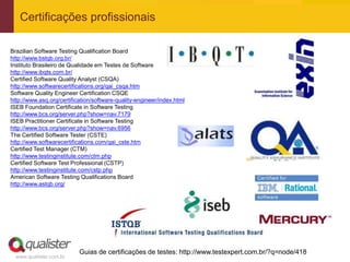 Certificações profissionais

Brazilian Software Testing Qualification Board
http://www.bstqb.org.br/
Instituto Brasileiro de Qualidade em Testes de Software
http://www.ibqts.com.br/
Certified Software Quality Analyst (CSQA)
http://www.softwarecertifications.org/qai_csqa.htm
Software Quality Engineer Certification CSQE
http://www.asq.org/certification/software-quality-engineer/index.html
ISEB Foundation Certificate in Software Testing
http://www.bcs.org/server.php?show=nav.7179
ISEB Practitioner Certificate in Software Testing
http://www.bcs.org/server.php?show=nav.6956
The Certified Software Tester (CSTE)
http://www.softwarecertifications.com/qai_cste.htm
Certified Test Manager (CTM)
http://www.testinginstitute.com/ctm.php
Certified Software Test Professional (CSTP)
http://www.testinginstitute.com/cstp.php
American Software Testing Qualifications Board
http://www.astqb.org/




                           Guias de certificações de testes: http://www.testexpert.com.br/?q=node/418
  www.qualister.com.br
 