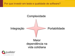 Por que investir em teste e qualidade de software?




                          Complexidade



             Integração                     Portabilidade



                               Maior
                          dependência na
                           vida cotidiana

www.qualister.com.br
 