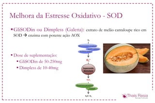 Melhora da Estresse Oxidativo - SOD
GliSODin ou Dimpless (Galena): extrato de melão cantaloupe rico em
SOD  enzima com potente ação AOX
 Dose de suplementação:
 GliSODin de 50-250mg
 Dimpless de 10-40mg
 