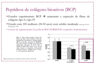 Peptídeos de colágeno bioativos (BCP)
 Estudos experimentais: BCP  aumentam a expressão de fibras de
colágeno tipo I e tipo IV
 Estudo com 105 mulheres (24-50 anos) com celulite moderada (entre grau II e III –
Nürnberger, 1978)
• 6 meses de suplementação 2,5 g/dia de BCP (VERISOL®) ou placebo (maltodextrina)
Michael Schunck et al. J Med Food 18 (12) 2015, 1340–1348
 