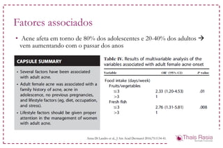Fatores associados
• Acne afeta em torno de 80% dos adolescentes e 20-40% dos adultos 
vem aumentando com o passar dos anos
Anna Di Landro et al., J Am Acad Dermatol 2016;75:1134-41.
 