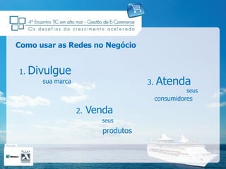 Como usar as Redes no Negócio


1.   Divulgue
       sua marca                      3.   Atenda
                                                     seus
                                           consumidores

                   2.   Venda
                           seus
                           produtos
 