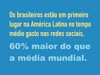 Os brasileiros estão em primeiro
lugar na América Latina no tempo
médio gasto nas redes sociais,
60% maior do que
a média mundial.
 