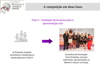 A competição em duas fases



                       Fase II – Avaliação do business plan e
                                  apresentação oral




   As finalistas recebem
consultoria e mentoring na                           Cerimônia de Premiação:
 preparação para a fase II                           Cinco finalistas, uma por
                                                   continente, são premiadas no
                                                    Women’s Forum na França.
 