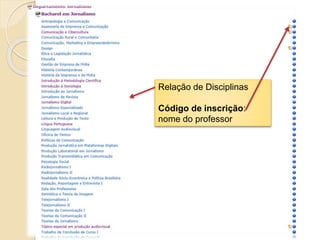 Relação de Disciplinas 
Código de inscrição: 
nome do professor 
 