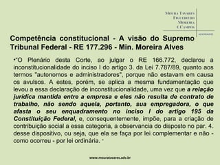 www.mouratavares.adv.br Competência constitucional - A visão do Supremo Tribunal Federal - RE 177.296 - Min. Moreira Alves “ O Plenário desta Corte, ao julgar o RE 166.772, declarou a inconstitucionalidade do inciso I do artigo 3. da Lei 7.787/89, quanto aos termos "autonomos e administradores", porque não estavam em causa os avulsos. A estes, porém, se aplica a mesma fundamentação que levou a essa declaração de inconstitucionalidade, uma vez que  a relação jurídica mantida entre a empresa e eles não resulta de contrato de trabalho, não sendo aquela, portanto, sua empregadora, o que afasta o seu enquadramento no inciso I do artigo 195 da Constituição Federal,  e, consequentemente, impõe, para a criação de contribuição social a essa categoria, a observancia do disposto no par. 4. desse dispositivo, ou seja, que ela se faça por lei complementar e não - como ocorreu - por lei ordinária.  “ 