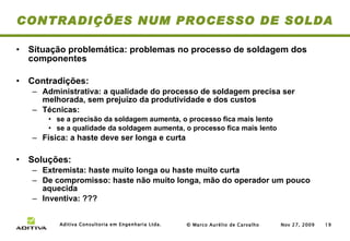 CONTRADIÇÕES NUM PROCESSO DE SOLDA <ul><li>Situação problemática: problemas no processo de soldagem dos componentes </li><...
