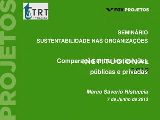 1  
SEMINÁRIO
SUSTENTABILIDADE NAS ORGANIZAÇÕES
Comparação entre instituições
públicas e privadas
Marco Saverio Ristuccia
7 de Junho de 2013
 