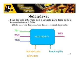 Multiplexer
Deve ter uma interface com o usuário para dizer como a
transmissão será feita
  Modo, intervalo de guarda, taxa do convolucional, layers etc.


   TS 1
                                                    BTS
   TS 2
                         MUX ISDB-TB
   TS 3



                Interatividade            Usuário (IIP)
                                                                  109
                 (Servidor)
 