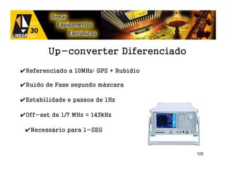 Up-converter Diferenciado

✔Referenciado a 10MHz: GPS + Rubídio

✔Ruído de Fase segundo máscara

✔Estabilidade e passos de 1Hz

✔Off-set de 1/7 MHz = 143kHz

 ✔Necessário para 1-SEG



                                       125
 