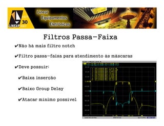 Filtros Passa-Faixa
✔Não há mais filtro notch

✔Filtro passa-faixa para atendimento às máscaras

✔Deve possuir:

 ✔Baixa inserção

 ✔Baixo Group Delay

 ✔Atacar mínimo possível

                                                   127
 