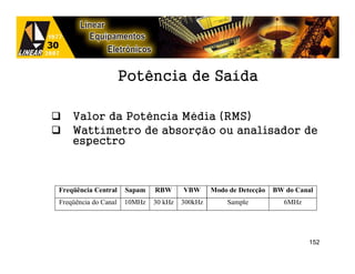 Potência de Saída

    Valor da Potência Média (RMS)
    Wattímetro de absorção ou analisador de
    espectro



Freqüência Central    Sapam   RBW      VBW      Modo de Detecção   BW do Canal
Freqüência do Canal   10MHz   30 kHz   300kHz       Sample            6MHz




                                                                             152
 