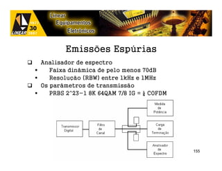 Emissões Espúrias
Analisador de espectro
   Faixa dinâmica de pelo menos 70dB
   Resolução (RBW) entre 1kHz e 1MHz
Os parâmetros de transmissão
   PRBS 2^23-1 8K 64QAM 7/8 IG = ¼ COFDM




                                           155
 