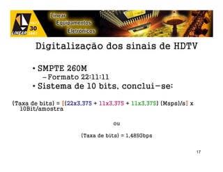 Digitalização dos sinais de HDTV

      • SMPTE 260M
          – Formato 22:11:11
      • Sistema de 10 bits, conclui-se:

(Taxa de bits) = [(22x3,375 + 11x3,375 + 11x3,375) (Msps)/s] x
                                                           ]
  10Bit/amostra

                                  ou

                       (Taxa de bits) = 1,485Gbps


                                                                 17
 