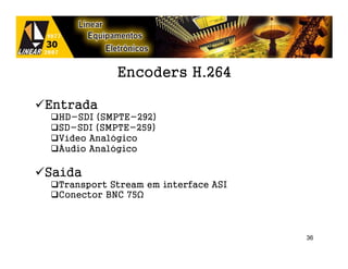 Encoders H.264

Entrada
 HD-SDI (SMPTE-292)
 SD-SDI (SMPTE-259)
 Vídeo Analógico
 Áudio Analógico

Saída
 Transport Stream em interface ASI
 Conector BNC 75



                                     36
 