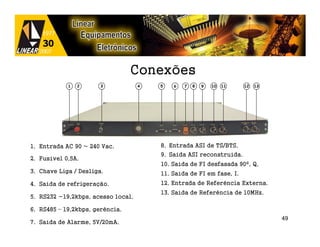 Conexões




1. Entrada AC 90 ~ 240 Vac.         8. Entrada ASI de TS/BTS.
                                    9. Saída ASI reconstruída.
2. Fusível 0,5A.
                                    10. Saída de FI desfasada 90º, Q.
3. Chave Liga / Desliga.            11. Saída de FI em fase, I.
4. Saída de refrigeração.           12. Entrada de Referência Externa.
                                    13. Saída de Referência de 10MHz.
5. RS232 -19,2kbps, acesso local.

6. RS485 – 19,2kbps, gerência.
                                                                         49
7. Saída de Alarme, 5V/20mA.
 