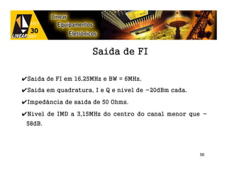Saída de FI

✔Saída de FI em 16,25MHz e BW = 6MHz.
✔Saída em quadratura, I e Q e nível de -20dBm cada.

✔Impedância de saída de 50 Ohms.

✔Nível de IMD a 3,15MHz do centro do canal menor que -
 58dB.




                                                      56
 