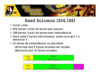 Reed Solomon (204,188)
Outer code
204 bytes: total de bytes por pacote
188 bytes: total de bytes sem redundância
Para cada 2 bytes adicionados, pode corrigir 1 e
detectar 2
16 bytes de redundância ou paridade
   Corrige até 8 bytes errados em rajada
   Detecta até 16 bytes errados
 