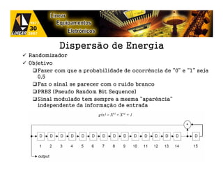 Dispersão de Energia
Randomizador
Objetivo
   Fazer com que a probabilidade de ocorrência de “0” e “1” seja
   0,5
   Faz o sinal se parecer com o ruído branco
   PRBS (Pseudo Random Bit Sequence)
   Sinal modulado tem sempre a mesma “aparência”
   independente da informação de entrada
 