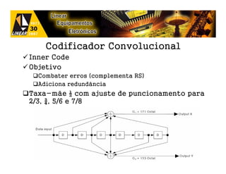 Codificador Convolucional
Inner Code
Objetivo
  Combater erros (complementa RS)
  Adiciona redundância
Taxa-mãe ½ com ajuste de puncionamento para
2/3, ¾, 5/6 e 7/8
 