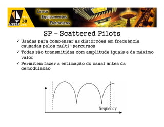 SP – Scattered Pilots
Usadas para compensar as distorções em frequência
causadas pelos multi-percursos
Todas são transmitidas com amplitude iguais e de máximo
valor
Permitem fazer a estimação do canal antes da
demodulação
 