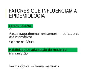 FATORES QUE INFLUENCIAM A
EPIDEMIOLOGIA
Raças naturalmente resistentes → portadores
assintomáticos
Ocorre na África
Forma cíclica → forma mecânica
TRIPANOTOLERÂNC
IA
Habilidade de adaptação do modo de
transmissão
 
