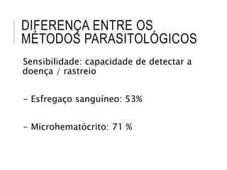 DIFERENÇA ENTRE OS
MÉTODOS PARASITOLÓGICOS
Sensibilidade: capacidade de detectar a
doença / rastreio
- Esfregaço sanguíneo: 53%
- Microhematócrito: 71 %
 