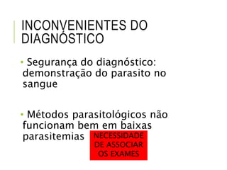 INCONVENIENTES DO
DIAGNÓSTICO
• Segurança do diagnóstico:
demonstração do parasito no
sangue
• Métodos parasitológicos não
funcionam bem em baixas
parasitemias NECESSIDADE
DE ASSOCIAR
OS EXAMES
 