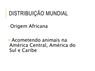 DISTRIBUIÇÃO MUNDIAL
• Origem Africana
• Acometendo animais na
América Central, América do
Sul e Caribe
 