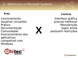 3 – GNU/Linux vs Microsoft Systems


  Prós                                  Contras
Licenciamento                      Interface gráfica
Usuários iniciantes                precisa melhorar
Prático                                Manutenção
Documentação
Comunidade
Funcionamento dos
                       X                Jogos ainda
                                 possuem restrições

aplicativos
compatível com
Windows
 
