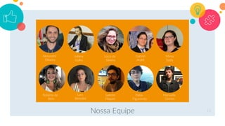 Nossa Equipe 15
Alexandre
Oliveira
Juliana
Gulka
Lúcia da
Silveira
Gabriel
Araldi
Mirna
Saidy
Roberta de
Bem
Lara
Benedet
Gabriel
Flaquer
Pablo
Figueiredo
Manuella
Gomes
 
