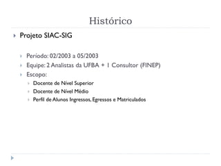 Histórico
 Projeto SIAC-SIG
 Período: 02/2003 a 05/2003
 Equipe: 2 Analistas da UFBA + 1 Consultor (FINEP)
 Escopo:
 Docente de Nível Superior
 Docente de Nível Médio
 Perfil de Alunos Ingressos, Egressos e Matriculados
 