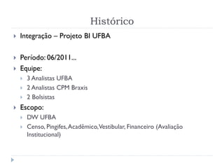 Histórico
 Integração – Projeto BI UFBA
 Período: 06/2011...
 Equipe:
 3 Analistas UFBA
 2 Analistas CPM Braxis
 2 Bolsistas
 Escopo:
 DW UFBA
 Censo, Pingifes,Acadêmico,Vestibular, Financeiro (Avaliação
Institucional)
 