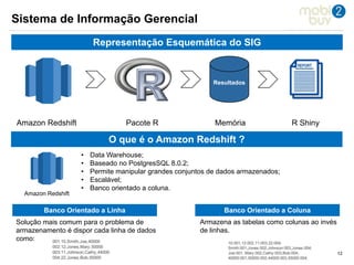 121212
Representação Esquemática do SIG
Amazon Redshift Pacote R Memória R Shiny
Resultados
Sistema de Informação Gerencial
O que é o Amazon Redshift ?
Amazon Redshift
• Data Warehouse;
• Baseado no PostgresSQL 8.0.2;
• Permite manipular grandes conjuntos de dados armazenados;
• Escalável;
• Banco orientado a coluna.
Banco Orientado a Linha
Solução mais comum para o problema de
armazenamento é dispor cada linha de dados
como:
Banco Orientado a Coluna
Armazena as tabelas como colunas ao invés
de linhas.
 