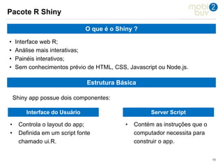 131313
O que é o Shiny ?
• Interface web R;
• Análise mais interativas;
• Painéis interativos;
• Sem conhecimentos prévio de HTML, CSS, Javascript ou Node.js.
Pacote R Shiny
Estrutura Básica
Shiny app possue dois componentes:
Interface do Usuário Server Script
• Controla o layout do app;
• Definida em um script fonte
chamado ui.R.
• Contém as instruções que o
computador necessita para
construir o app.
 