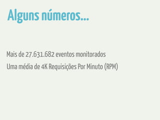 Alguns números… 
Mais de 27.631.682 eventos monitorados 
Uma média de 4K Requisições Por Minuto (RPM) 
 