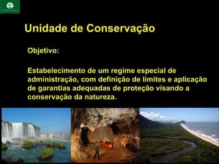 Unidade de Conservação
Objetivo:

Estabelecimento de um regime especial de
administração, com definição de limites e aplicação
de garantias adequadas de proteção visando a
conservação da natureza.
 