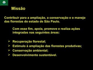 Missão

Contribuir para a ampliação, a conservação e o manejo
das florestas do estado de São Paulo.

      Com esse fim, apoia, promove e realiza ações
      integradas nas seguintes áreas:

     Recuperação florestal;
     Estímulo à ampliação das florestas produtivas;
     Conservação ambiental;
     Desenvolvimento sustentável.
 