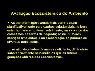 Avaliação Ecossistêmica do Ambiente

 As transformações ambientais contribuíram
significativamente para ganhos substanciais no bem
estar humano e no desenvolvimento, mas com custos
crescentes na forma de degradação de inúmeros
serviços ambientais e na exacerbação da pobreza de
diversas populações.

⇒ se não afrontados de maneira eficiente, diminuirão
substancialmente os benefícios que as futuras
gerações obterão dos ecossistemas.
 