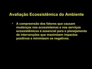 Avaliação Ecossistêmica do Ambiente

    A compreensão dos fatores que causam
     mudanças nos ecossistemas e nos serviços
     ecossistêmicos é essencial para o planejamento
     de intervenções que maximizem impactos
     positivos e minimizem os negativos.
 