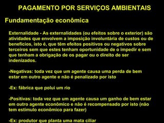 PAGAMENTO POR SERVIÇOS AMBIENTAIS
Fundamentação econômica
 Externalidade - As externalidades (ou efeitos sobre o exterior) são
 atividades que envolvem a imposição involuntária de custos ou de
 benefícios, isto é, que têm efeitos positivos ou negativos sobre
 terceiros sem que estes tenham oportunidade de o impedir e sem
 que tenham a obrigação de os pagar ou o direito de ser
 indenizados.

 -Negativas: toda vez que um agente causa uma perda de bem
 estar em outro agente e não é penalizado por isto

 -Ex: fábrica que polui um rio

 -Positivas: toda vez que um agente causa um ganho de bem estar
 em outro agente econômico e não é recompensado por isto (não
 tem estimulo econômico para fazer)

 -Ex: produtor que planta uma mata ciliar
 
