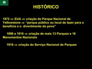 HISTÓRICO

1872 ⇒ EUA ⇒ criação do Parque Nacional de
Yellowstone ⇒ “parque público ou local de lazer para o
benefício e o divertimento do povo”

⇒ 1890 a 1916 ⇒ criação de mais 13 Parques e 18
Monumentos Nacionais

⇒ 1916 ⇒ criação do Serviço Nacional de Parques
 